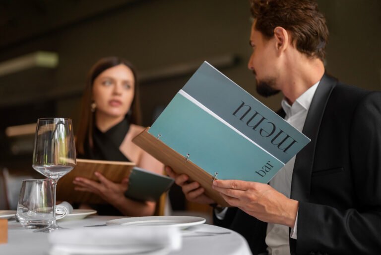 A consultant and restaurant professional reviewing a menu to plan delivery-friendly dishes, food costs, and menu structure for a cloud kitchen.