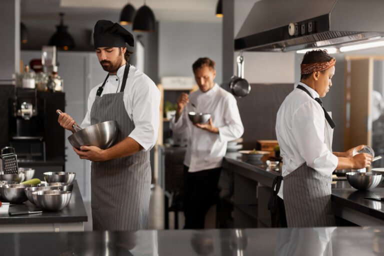 A cloud kitchen team preparing food in a commercial kitchen, following standard operating procedures and coordinated workflows during daily operations.
