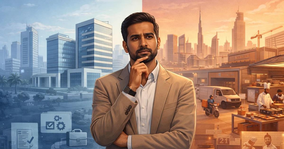 Featured graphic for the blog post on how to open a cloud kitchen in Dubai, free zone versus mainland