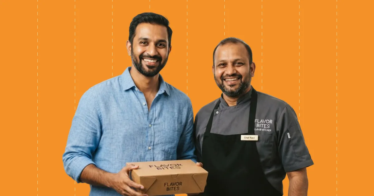 Founder and chef holding a delivery box together in a UAE cloud kitchen