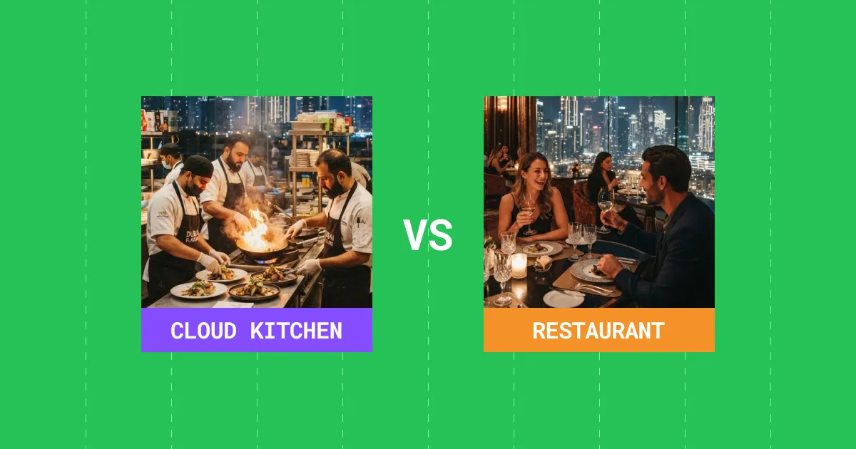 Cloud kitchen versus restaurant comparison showing chefs cooking in a delivery kitchen and diners in a restaurant