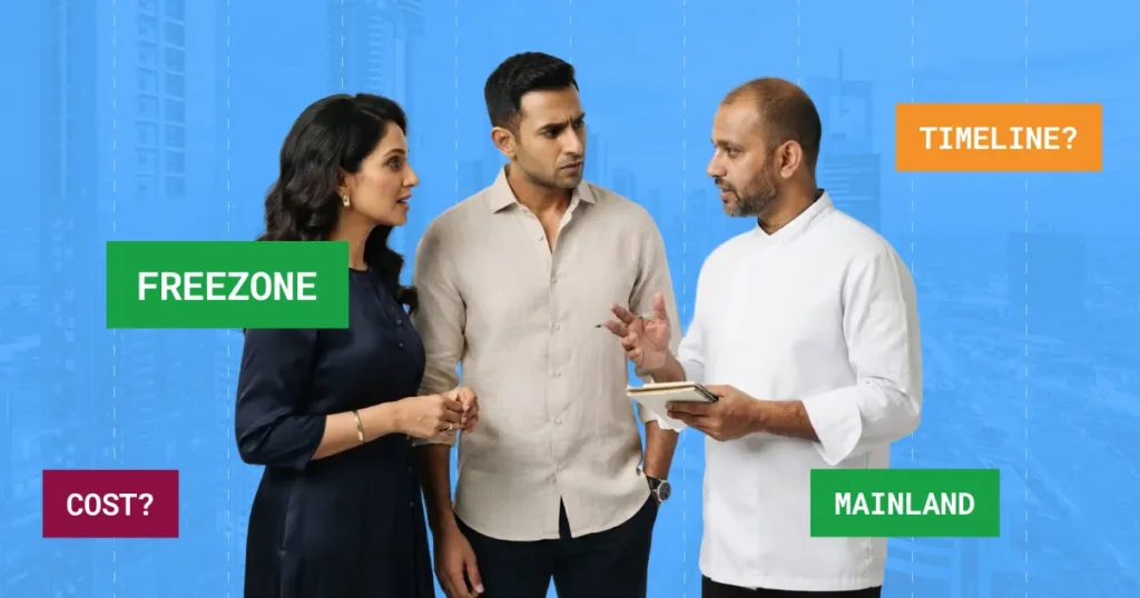 Founders discussing free zone versus mainland, cost and timeline for opening a cloud kitchen in Dubai