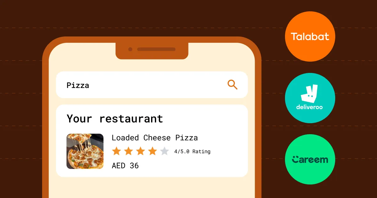 Delivery app listing showing a pizza rated 4 out of 5 stars next to Talabat, Deliveroo and Careem logos