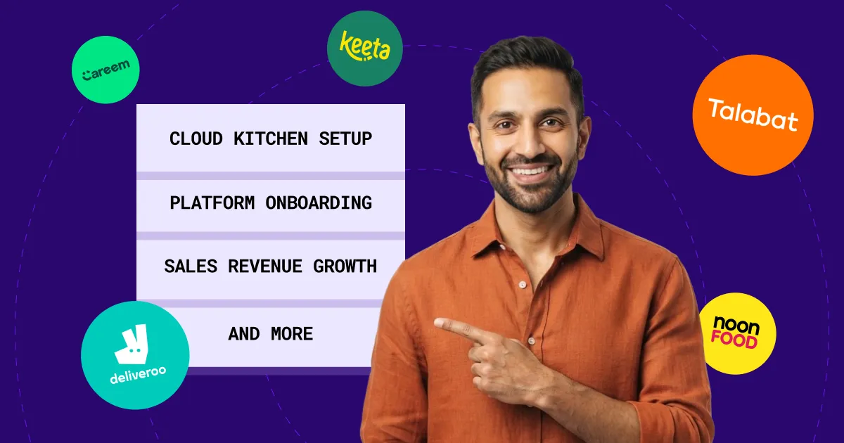 Cloud kitchen consultant pointing to setup, platform onboarding and revenue growth steps with UAE delivery app logos