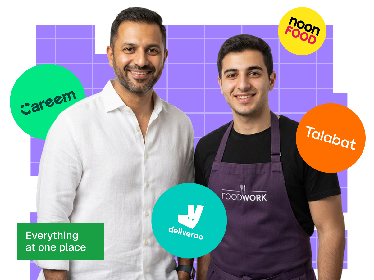 Founder in a white shirt standing with a FoodWork kitchen team member in a branded apron, surrounded by Careem, Talabat and Deliveroo badges and an 'Everything at one place' tag