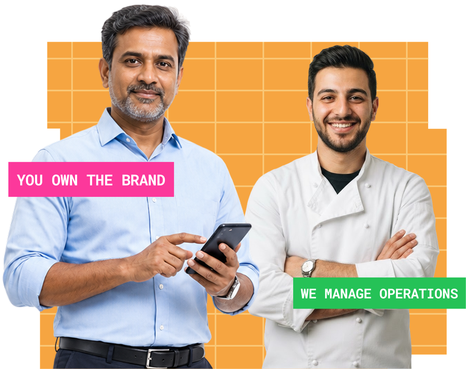 Business owner in a blue shirt on his phone next to a FoodWork chef with arms crossed, with badges reading 'You own the brand' and 'We manage operations'
