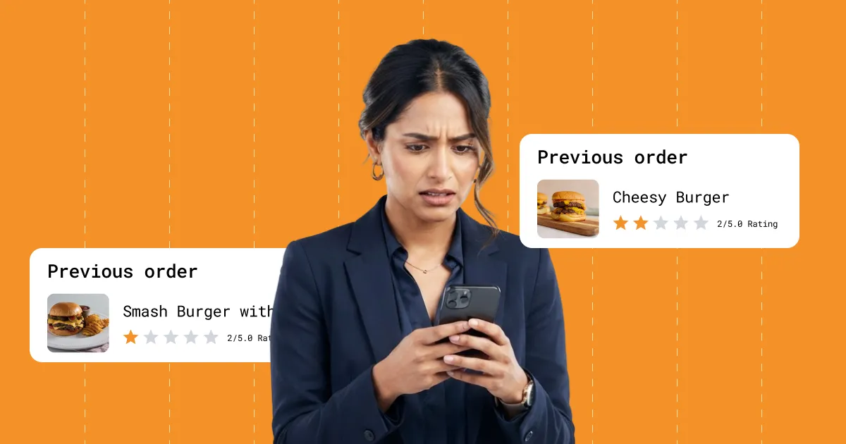 Worried restaurant owner checking low star ratings on previous delivery orders on her phone