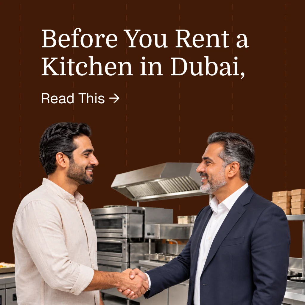 Two business partners shaking hands in a commercial kitchen, linking to FoodWork's guide on what to know before renting a kitchen in Dubai