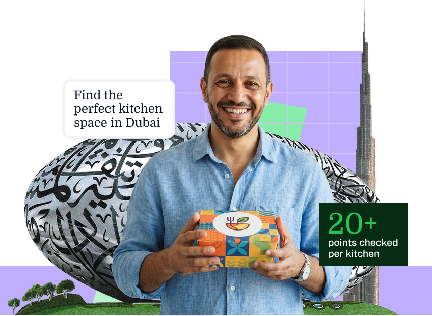 Man holding takeaway food packaging beside a cloud kitchen graphic, representing FoodWork's cloud kitchen for rent search in Dubai