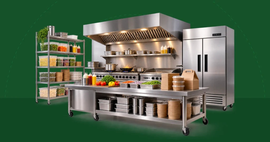 Stainless steel commercial kitchen line with a cooking range, prep table, shelving and refrigeration