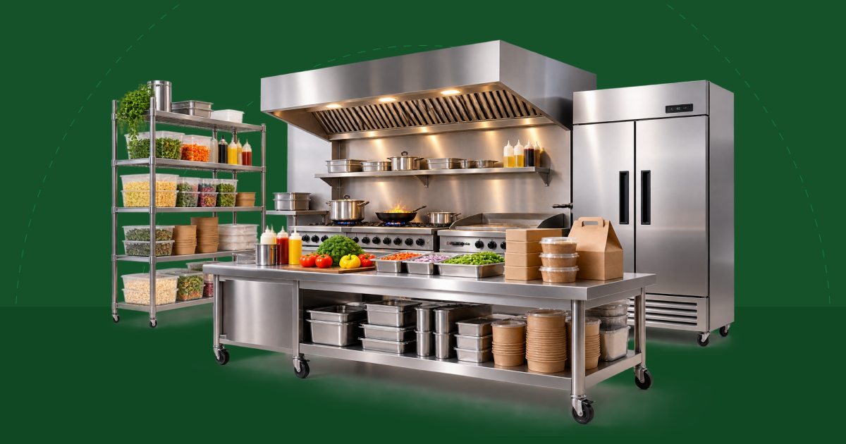 Stainless steel commercial kitchen line with a cooking range, prep table, shelving and refrigeration