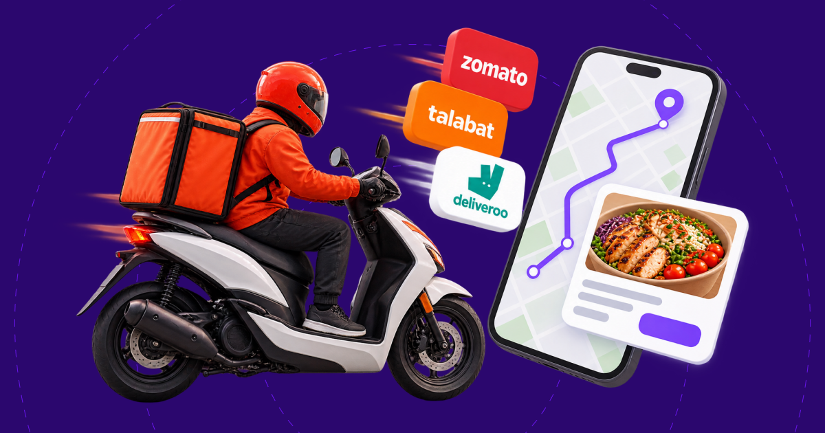 Delivery rider on a scooter beside a phone showing a delivery app order, with Talabat, Deliveroo and Zomato logos