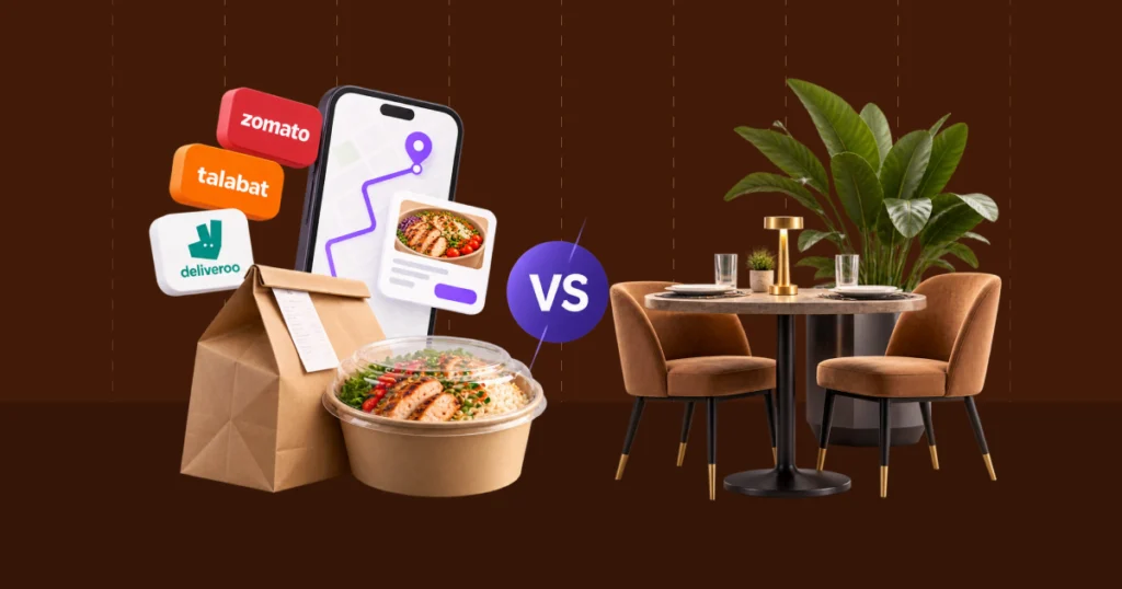 Packed delivery meal with Talabat, Deliveroo and Zomato logos on one side and an empty restaurant table on the other
