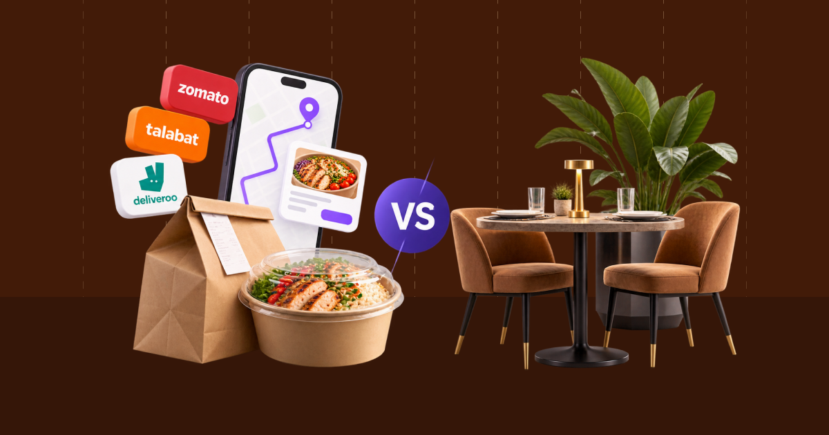 Packed delivery meal with Talabat, Deliveroo and Zomato logos on one side and an empty restaurant table on the other