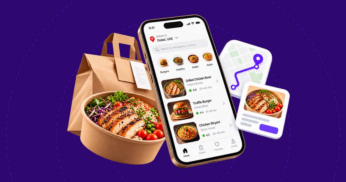 Delivery app menu on a phone beside packed takeaway meals and a delivery route map