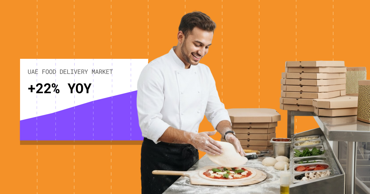 Chef preparing pizza beside stacked delivery boxes and a chart showing UAE food delivery market growth
