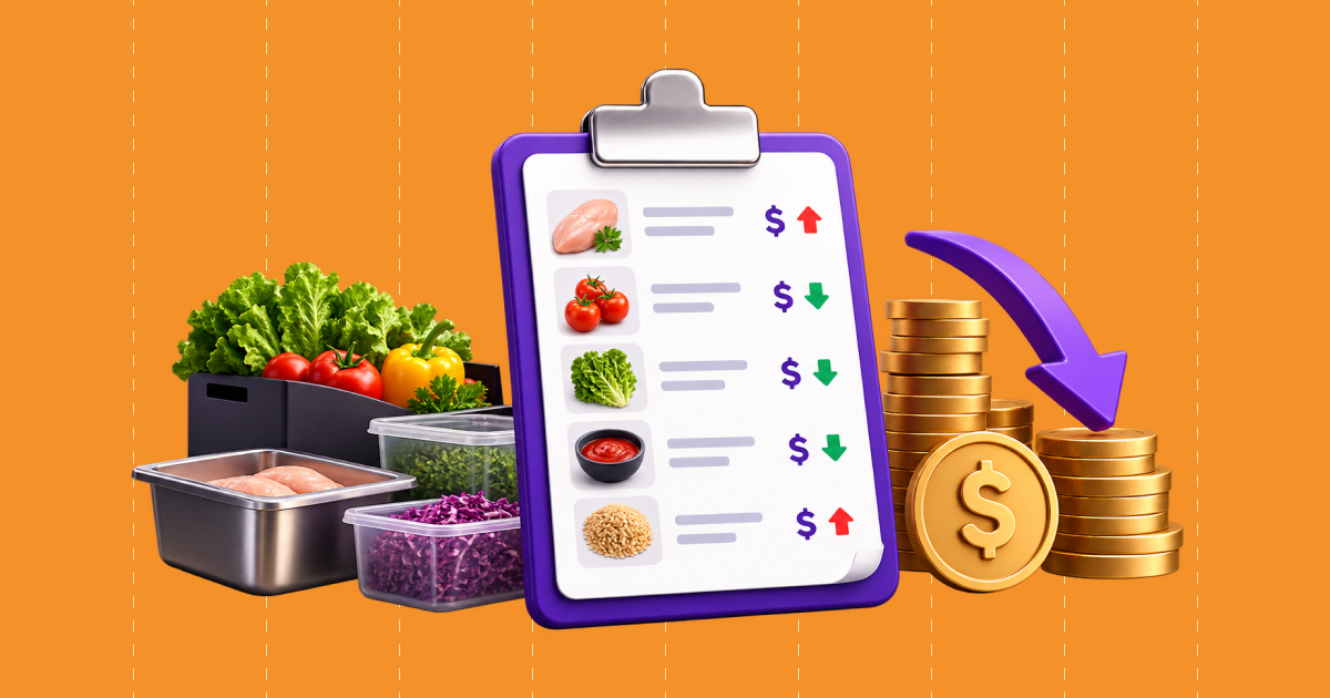 Food cost control checklist beside fresh produce, prepped ingredients in containers and stacked coins