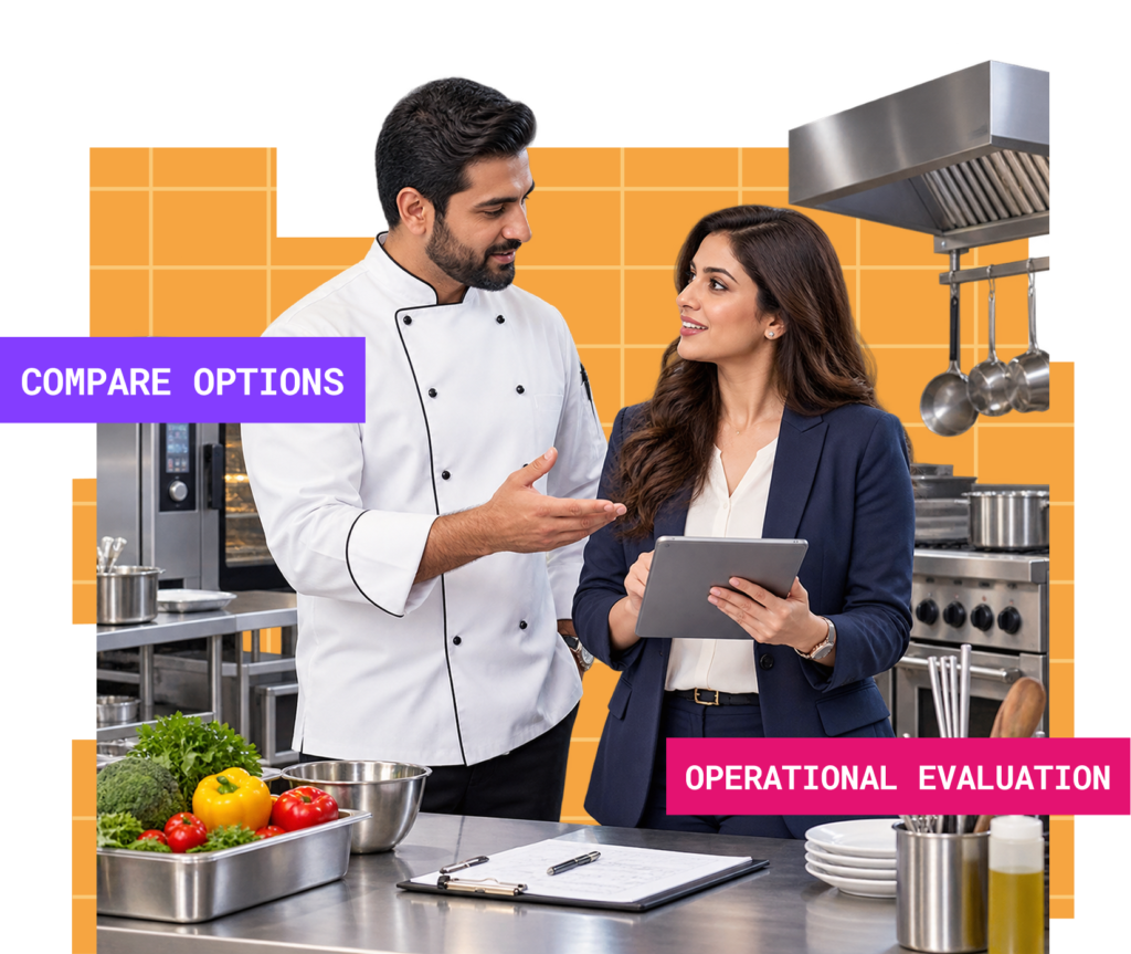 FoodWork consultant comparing kitchen options with a client on a tablet during an operational evaluation in a commercial kitchen