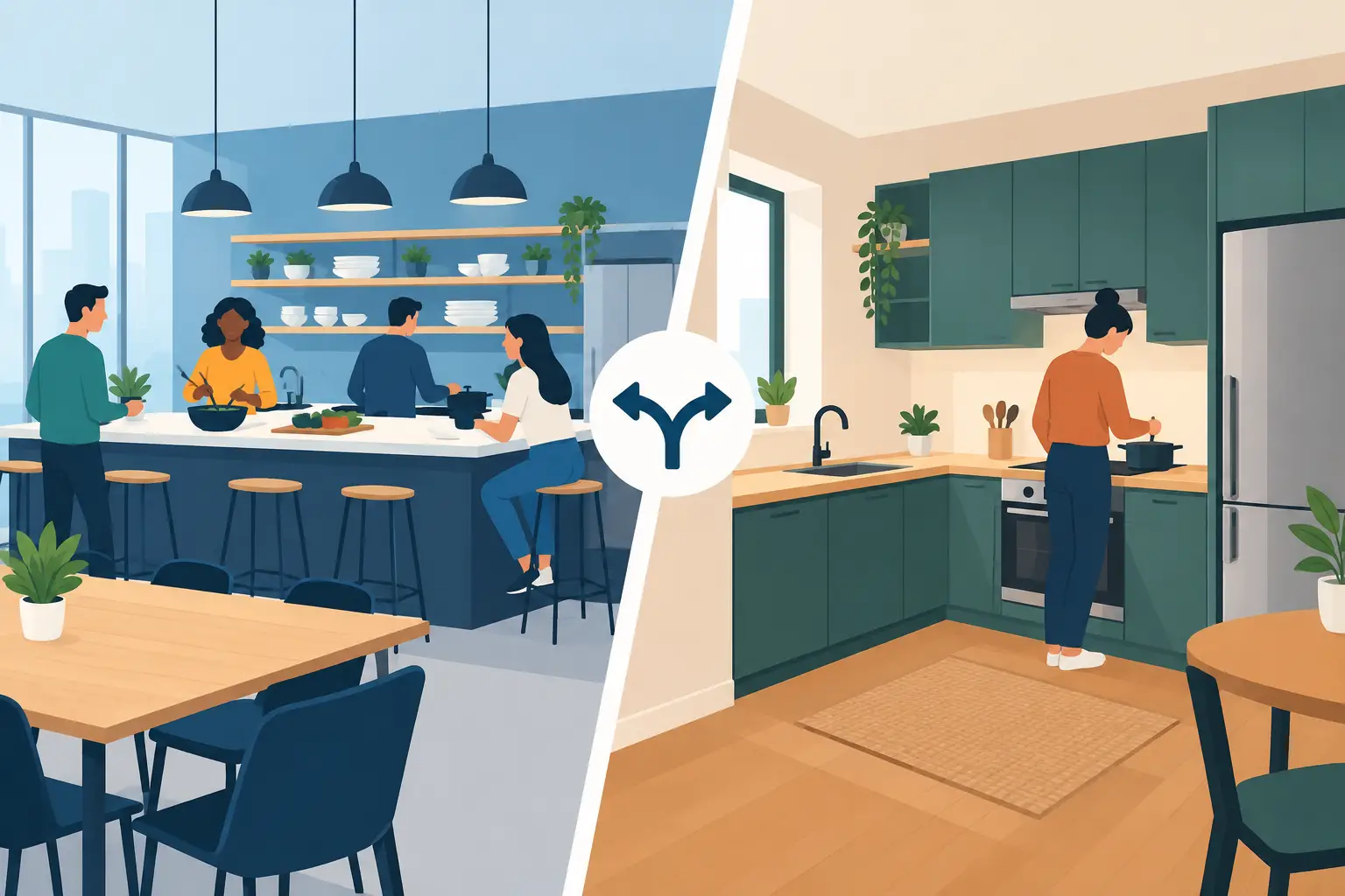 Split illustration of a shared kitchen used by several operators and a private kitchen used by one