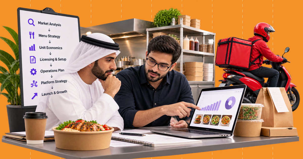 Food delivery consultant reviewing a UAE launch plan with a restaurant owner as a rider leaves with an order