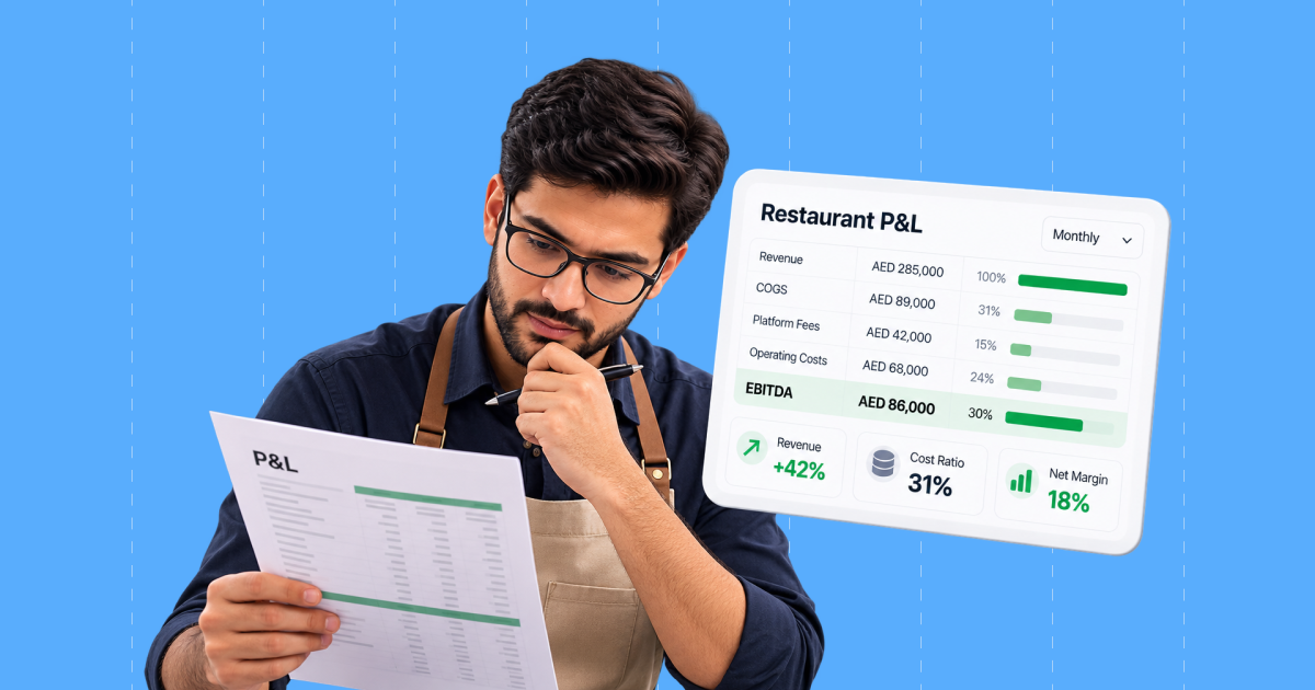 Restaurant operator reviewing a printed P&L beside a monthly restaurant profit and loss dashboard
