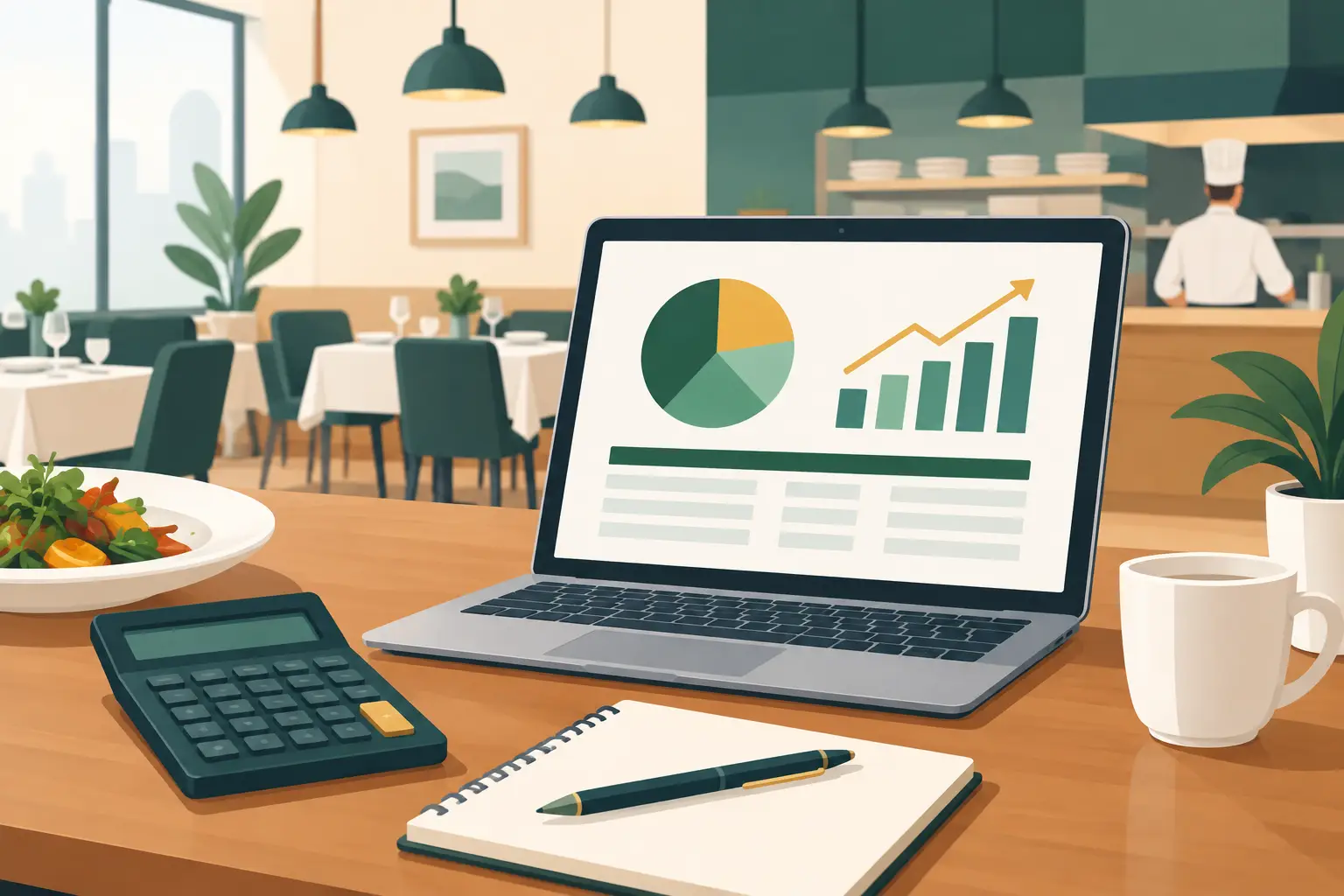 Laptop showing a restaurant profit and loss dashboard with charts, beside a calculator and notebook on a restaurant table